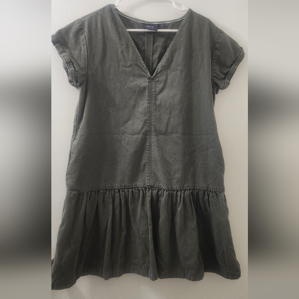 Maeve By Anthropologie Charcoal Green V-Neck Dress, Size Small, Cotton/ Lyocell.